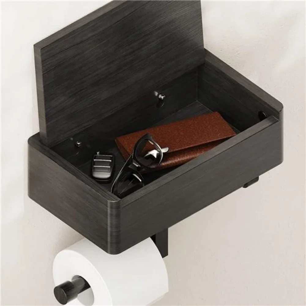 Toilet Paper Holder w/ Shelf and Storage, Wipes Dispenser Wall Mount Matte Black